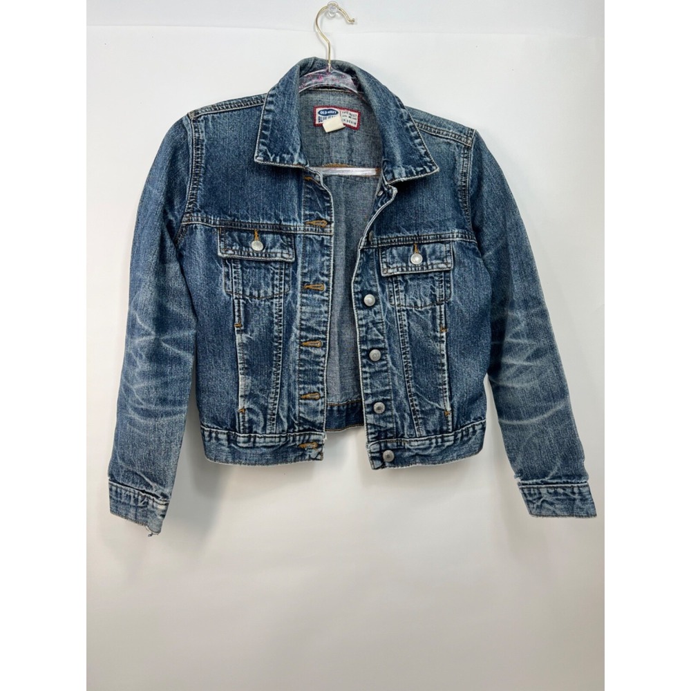 Vintage 90s Old Navy‎ Denim Jean Jacket Dark Wash Distressed Denim Womens Sz XS